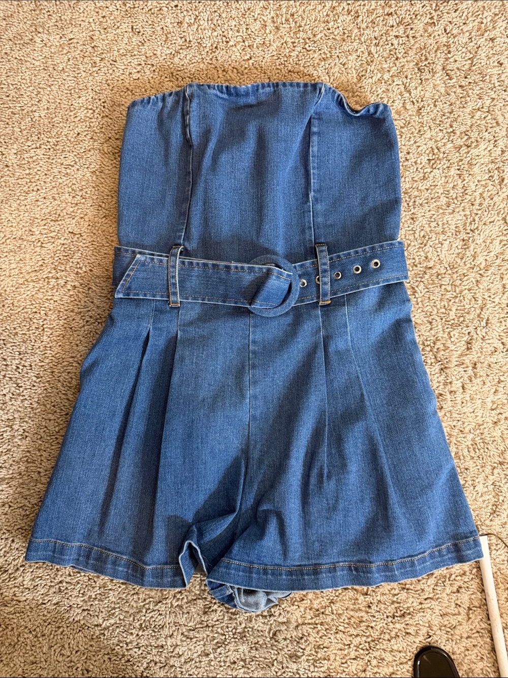 Strapless Denim Romper with Matching Belt - Blue